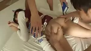Cheerleader is licked by two horny guys